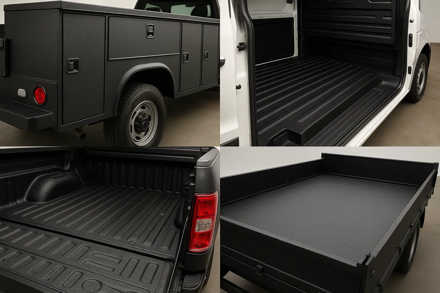 Spray-on bedliner applications — service body, work van, truck bed, and flatbed