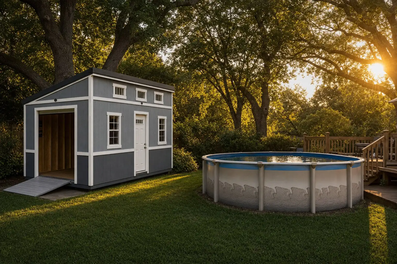 Backyard with an above-ground pool